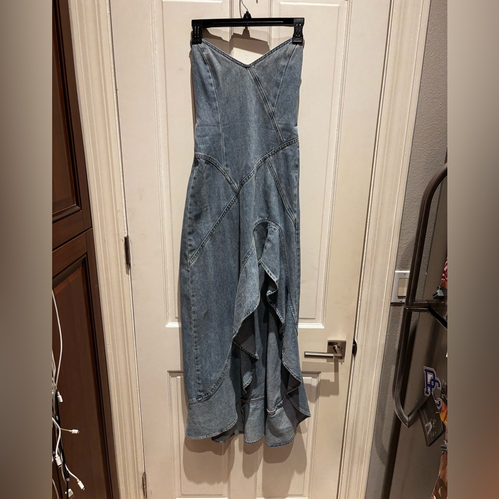 Strapless Light Blue Ruffle High-Low Dress - Picture 8 of 16